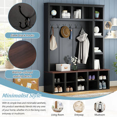 Wood Hall Tree with 6 Hooks, Practical Storage Bench with Adjustable Shelves Entryway Shoe Cabinet with 13 Cubbies