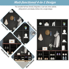 Wood Hall Tree with 6 Hooks, Practical Storage Bench with Adjustable Shelves Entryway Shoe Cabinet with 13 Cubbies