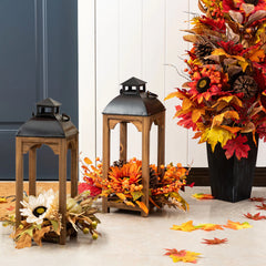 Glitzhome 20"H Fall Thanksgiving Pumpkin Sunflower Pine Cone Wooden Hanging Lantern Table Porch Decor