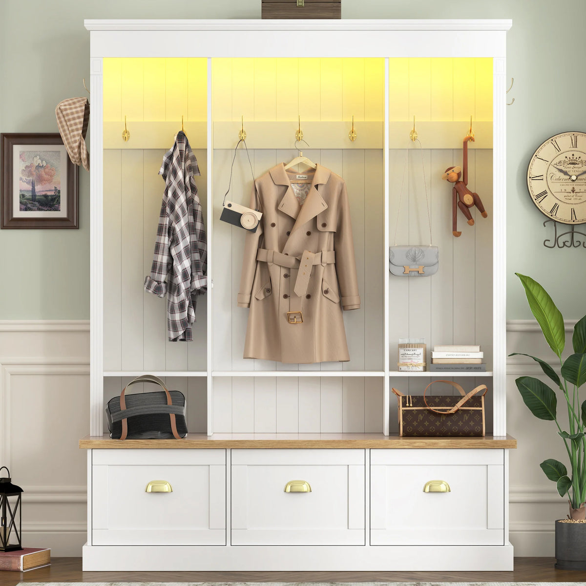 Elegant APP Controlled LED Light Hall Tree with 9 Hooks, Natural Storage Bench with 3 Large Cabinets, with Shelves