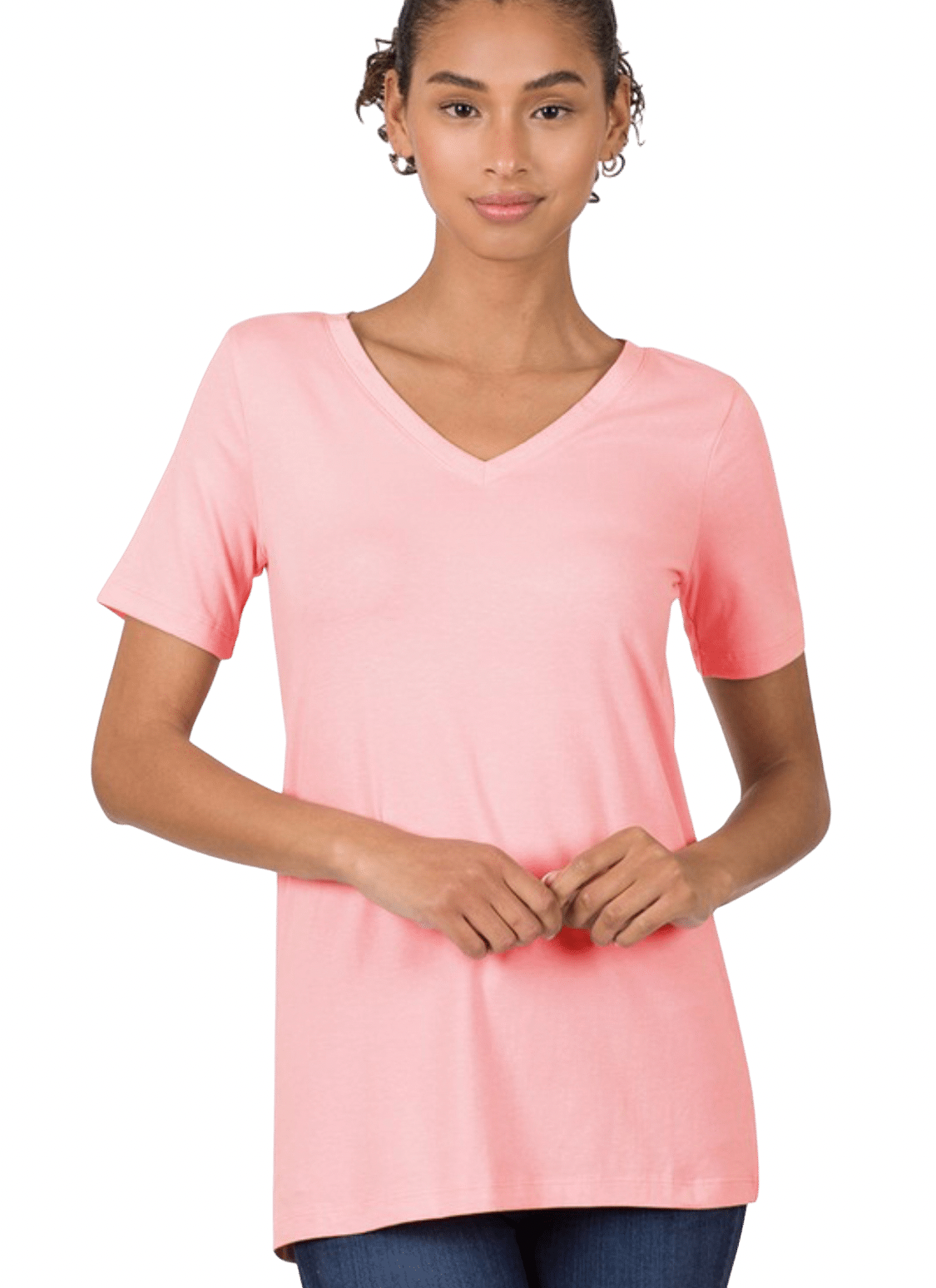 1009   Dusty Pink Cotton V-neck Basic T-Shirt